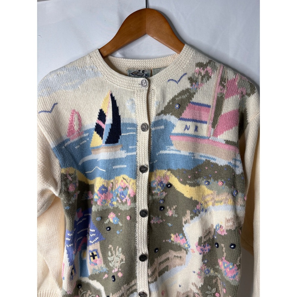 Vtg Northern Isles M Scenic Sailboat Coastal Knit Cardigan Button Sweater Granny - Picture 2 of 6